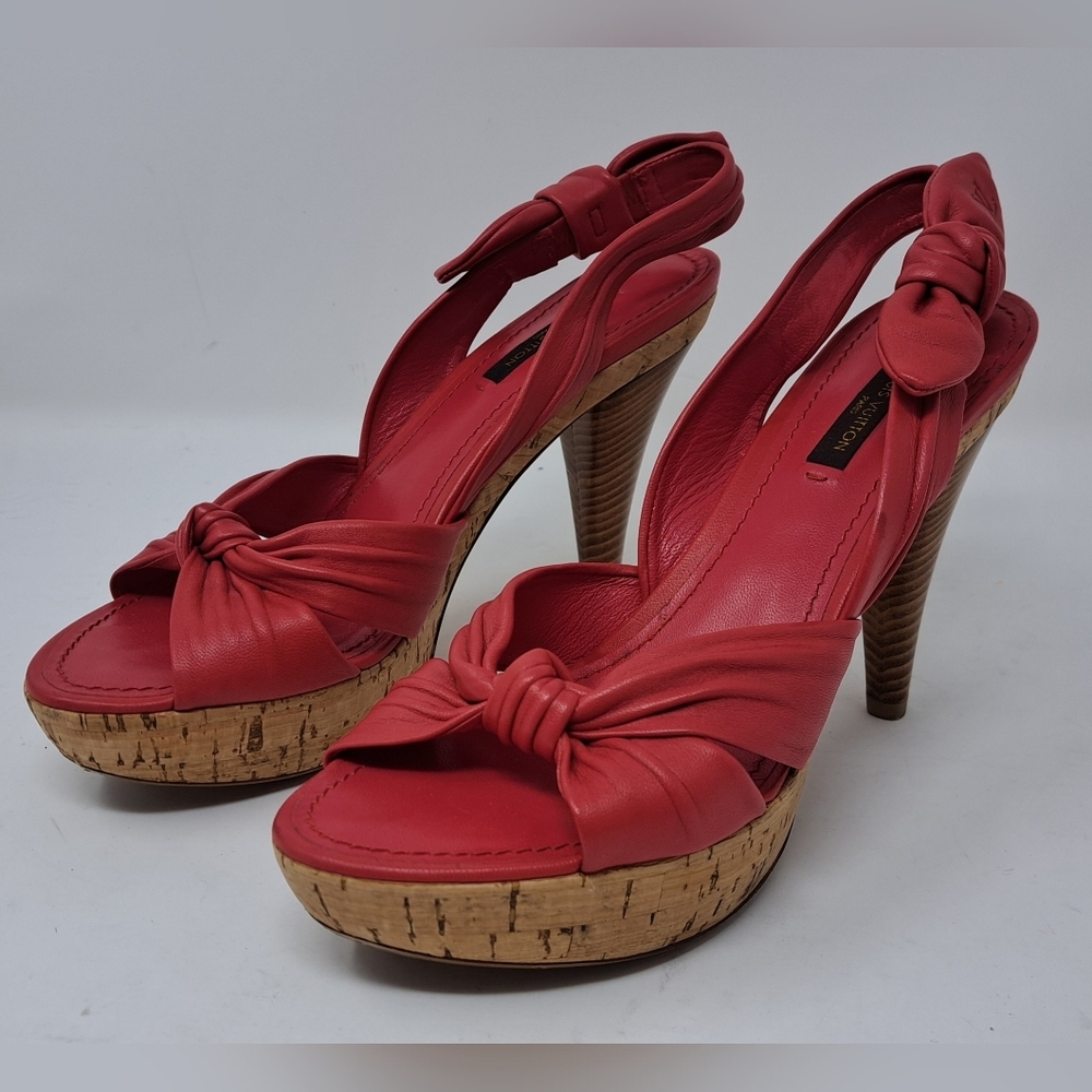 Louis Vuitton Red Leather Platform Slingback Sandals Deerskin Cork 37.5 EU / 7.5